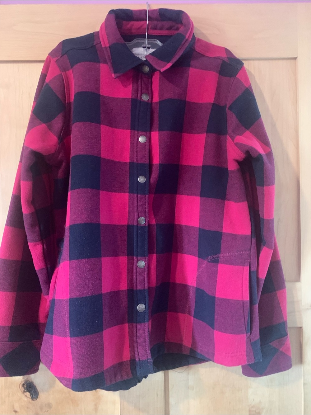 Women’s/Girl’s 100% Cotton Pink & Black Buffalo Plaid Fleece-Lined Shacket